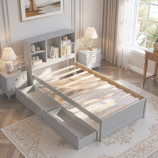 Sunvega Modern Twin Size Bed Frame With USB Port Bookcase Headboard and 2 Drawers