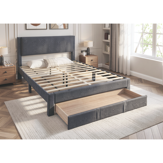 Sunvega Modern Charcoal Corduroy Upholstered Full Size Bed with Storage Drawer
