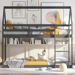 Sunvega Rubber Wood Twin over Twin Bunk Bed with Ladder and Guardrails