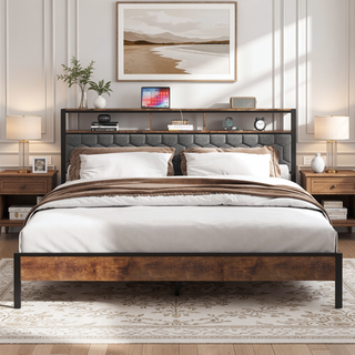 Sunvega Queen Bed Frame with Vintage Shelf Headboard and USB Charging Station