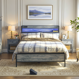 Sunvega Full Size Upholstered Platform Bed Frame with LED Lights and Charging Station