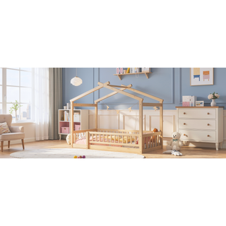 Sunvega Full Size House Bed Frame with Playhouse Fence and Roof for Kids