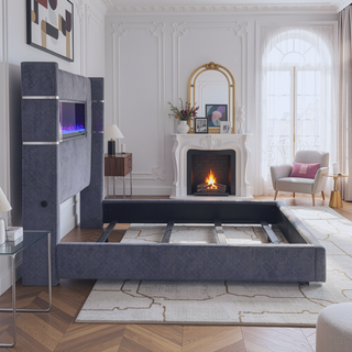 Sunvega Queen Size Upholstered Wingback Panel Bed with Black Corduroy and Flame Box