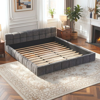 Sunvega Elegant Soft Chenille Upholstered Bed with Checkerboard Headboard in Grey