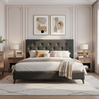 Sunvega Modern Upholstered Platform Bed Frame with Button Tufted Linen Headboard