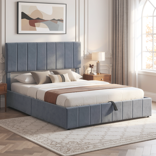 Sunvega Upholstered Platform Bed with Hydraulic Storage System in White Linen