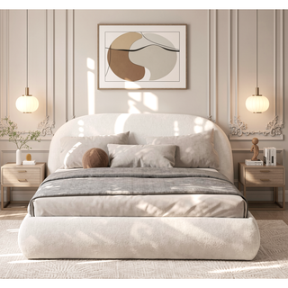 Sunvega Almond White King Upholstered Platform Bed with Arch Puffy Headboard