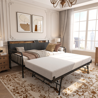 Sunvega Twin Daybed with Trundle Farmhouse Frame Sliding Barn Door Headboard Charging Station