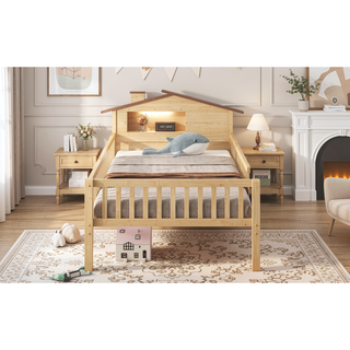 Sunvega Twin Size House Shaped Wood Platform Bed with LED and Built-in Storage