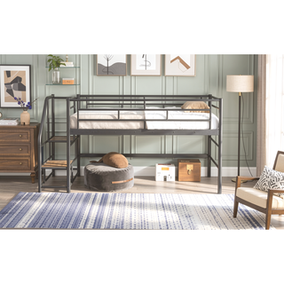 Sunvega Twin White Mid Loft Bed with Integrated Storage Stairs and Metal Frame