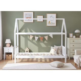Sunvega Twin Rubber Wood House Bed with Headboard and Footboard in Light Grey