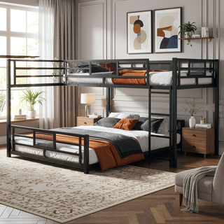 Sunvega L-Shaped Metal Twin Over Full Bunk Bed with Guard Rails