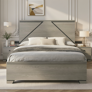Sunvega Modern Design Queen Size Bed with LED Light Headboard and Weathered Gray Finish