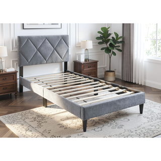 Sunvega Modern Gray Velvet Tufted Headboard Full Size Bed for Youth Bedroom