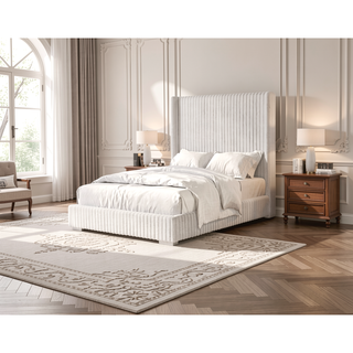Sunvega Contemporary White Fur Chenille Fabric Mattress Ready Queen Size Bed