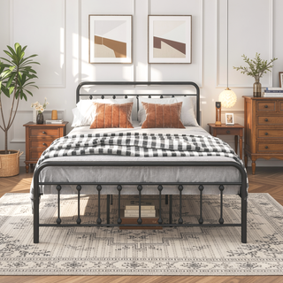 Sunvega Victorian Style Queen Size Metal Platform Bed Frame with Headboard and Under Bed Storage