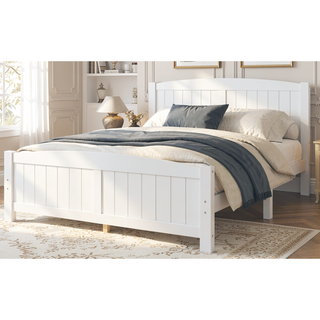 Sunvega White Solid Wood Queen Platform Bed with Slats No Box Spring Needed