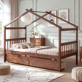 Sunvega Twin Size Wooden House Bed with Drawers and Headboard for Kids Room