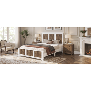 Sunvega White Farmhouse Queen Platform Bed with Wooden Strip Decoration and Plywood Slats