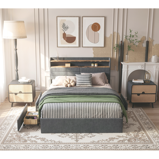 Sunvega Queen Upholstered Bed Frame with Headboard LED Lights Charging Station and 4 Storage Drawers