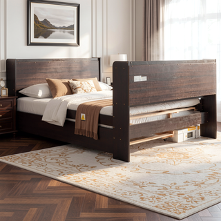 Sunvega White Twin Trundle Bed with Storage Headboard and Bookcase