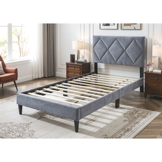 Sunvega Modern Gray Velvet Tufted Headboard Full Size Bed for Youth Bedroom