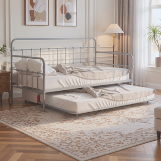 Sunvega Silver Contemporary Twin Metal Daybed with Trundle and Pipe Framework
