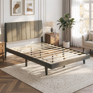 Sunvega Brown and Weathered Grey Upholstered Queen Bed with Rustic Platform Design