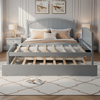 Sunvega White Twin Size Wood Platform Bed with Trundle for Maximized Space