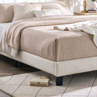 Sunvega Plush 3D Upholstered Platform Bed in White Dove with Height Adjustable Headboard