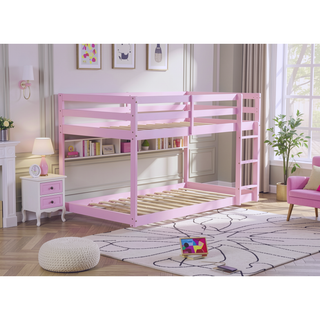 Sunvega Twin over Twin Solid Wooden Bunk Bed with Ladder and Strengthened Slats