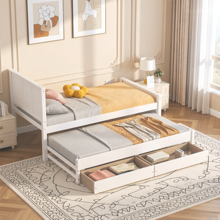Sunvega Twin Size White Platform Bed with Trundle and Two Drawers for Storage