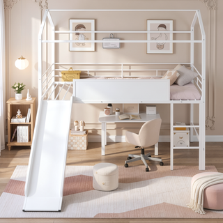 Sunvega Twin Size Metal Loft Bed with Slide and Two-Sided Writable Wooden Board