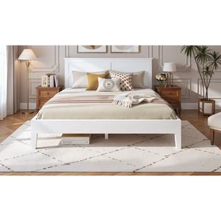 Sunvega Queen Platform Bed in White Crafted from Solid Pine with 28-Slat Support
