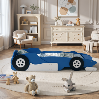 Sunvega Twin Size Race Car Platform Bed with Wheels and Safety Rails