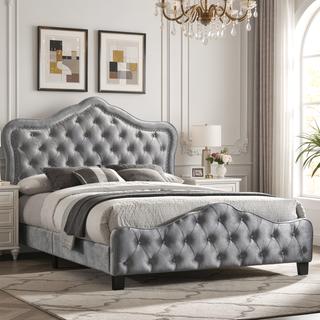 Sunvega Grey Velvet Upholstered Queen Panel Bed with Button Tufting and Chrome Nailheads