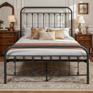 Sunvega Victorian Style Queen Size Metal Platform Bed Frame with Headboard and Under Bed Storage