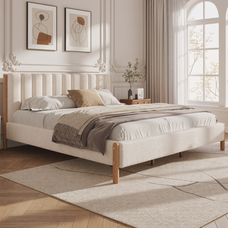 Sunvega King Size Bed Frame with Boucle Upholstered Headboard and Solid Wood Legs