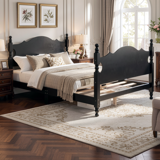 Sunvega Retro Full Size Wood Platform Bed Frame with Slat Support Black