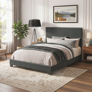 Sunvega Guyancourt Charcoal Upholstered Eastern King Panel Bed with Nailhead Trim