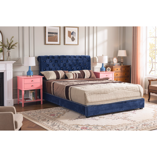 Sunvega Transitional Navy Blue Upholstered Full Bed with Tufted Details