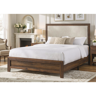 Sunvega Brown Cherry Finish Contemporary Fabric Panel Bed in One Box