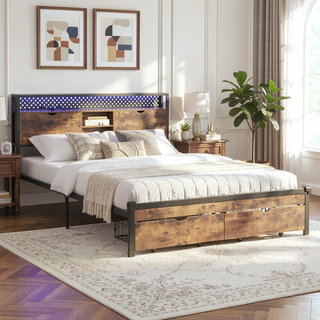 Sunvega Queen Size Metal Platform Bed Frame with Wooden Headboard and Footboard with USB Charging Station and 2 Drawers
