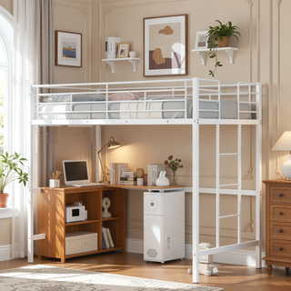 Sunvega Twin Metal Loft Bed with Desk, Metal Grid and Guardrail for Bedroom