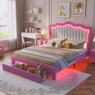 Sunvega Full Size Pink and White Upholstered Princess Bed with Crown Headboard