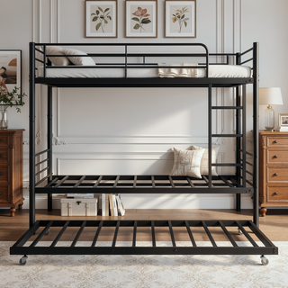 Sunvega Twin Metal Bunk Bed with Trundle Ladder and Full-Length Guardrail