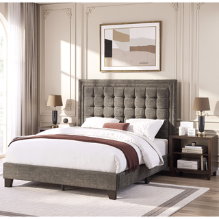 Sunvega Queen Size Upholstered Bed with Button Tufted Headboard in Brown Espresso Finish