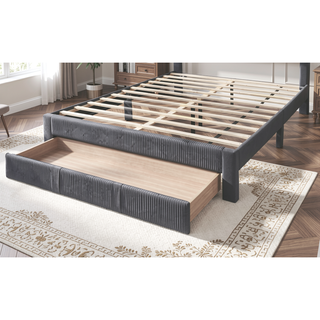 Sunvega Modern Charcoal Corduroy Upholstered Queen Size Platform Bed with Storage Drawer