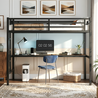 Sunvega Metal Twin XL Loft Bed with Desk, USB, LED Light, and Power Outlet