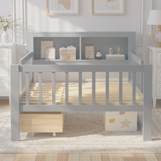 Sunvega Twin Size Bed with Headboard Storage, Two Under-Bed Drawers, and Three-Side Guardrails